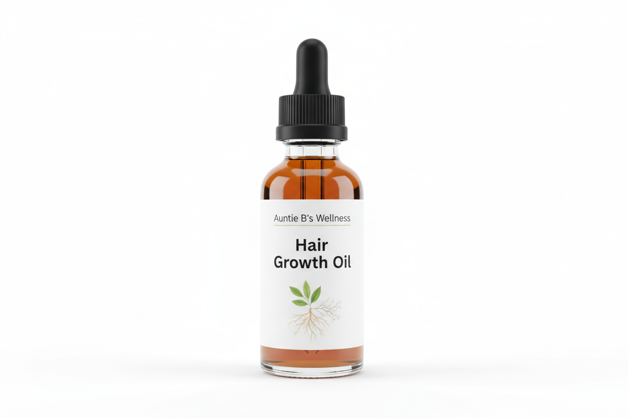 generate an image of Auntie B's Hair Growth oil with branded product ecommerce image