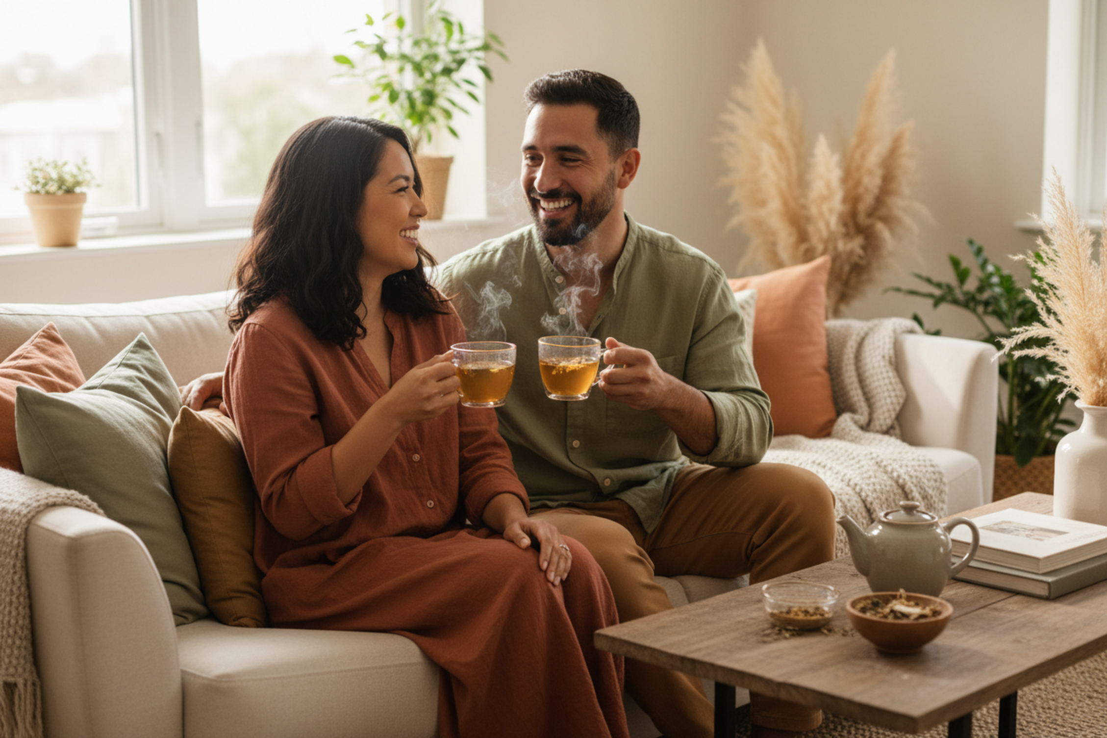 generate an image of a couple drinking Auntie B's wellness herbal tea the couples should not be black or white people