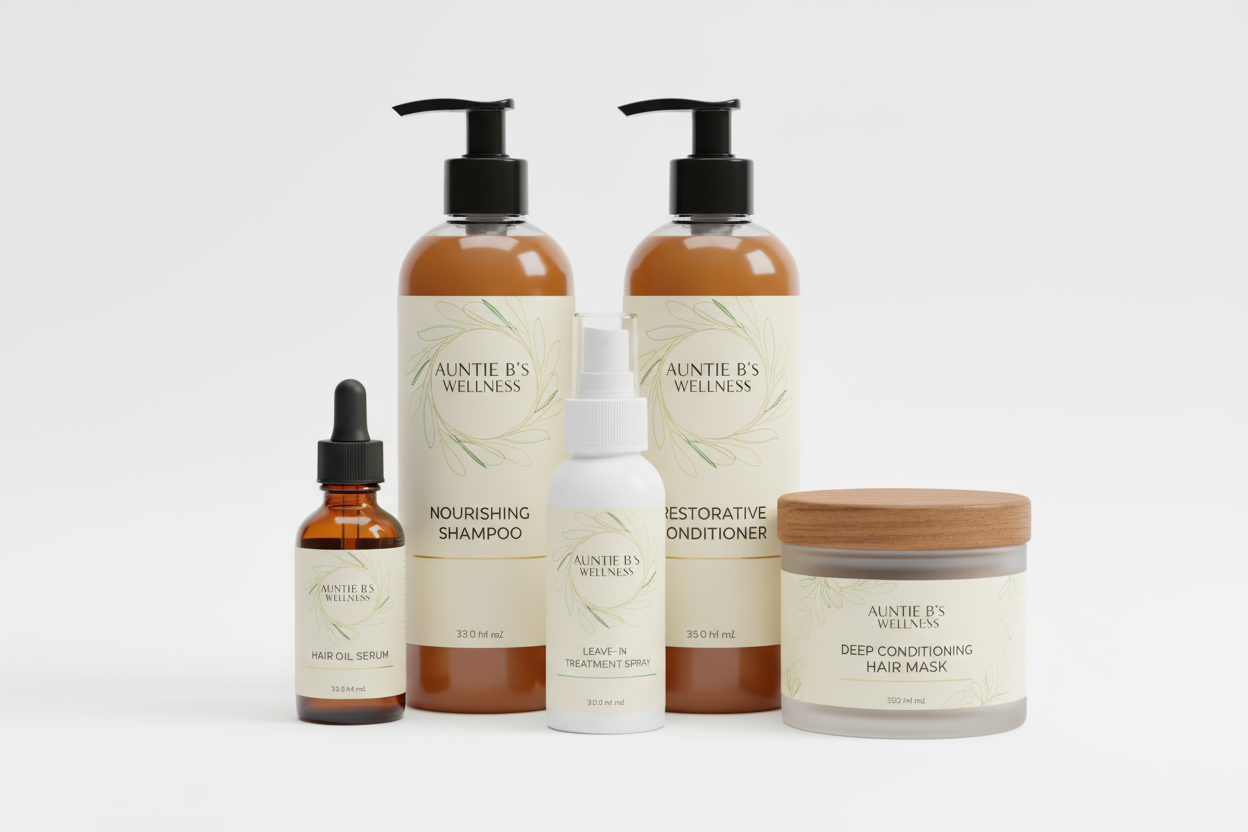 generate an image Of Aunti B's Hair care collection products make the background white and ready for ecommerce and the products shoud be branded and different types of hair care products 