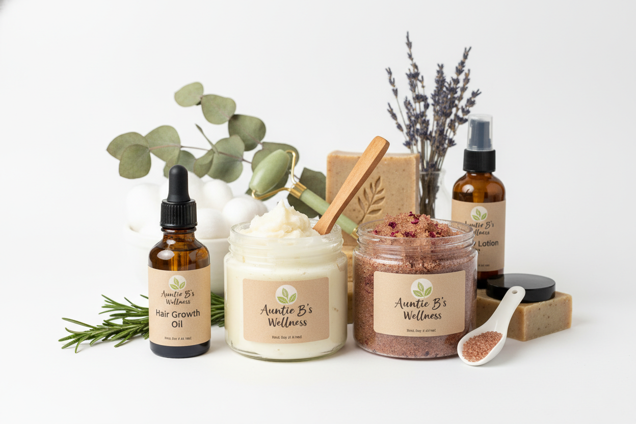 generate an image of Auntie B's Bundle Products whipped shea butter hair growth oil body scrub and other body care and hair care products use a white background.
