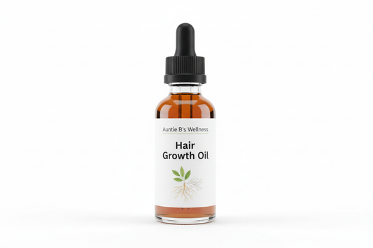generate an image of Auntie B's Hair Growth oil with branded product ecommerce image 