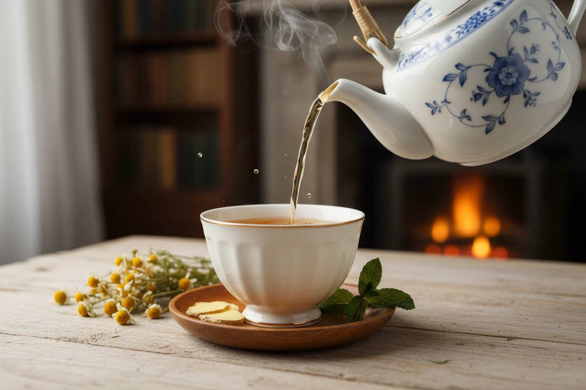 Slow motion herbal tea pour